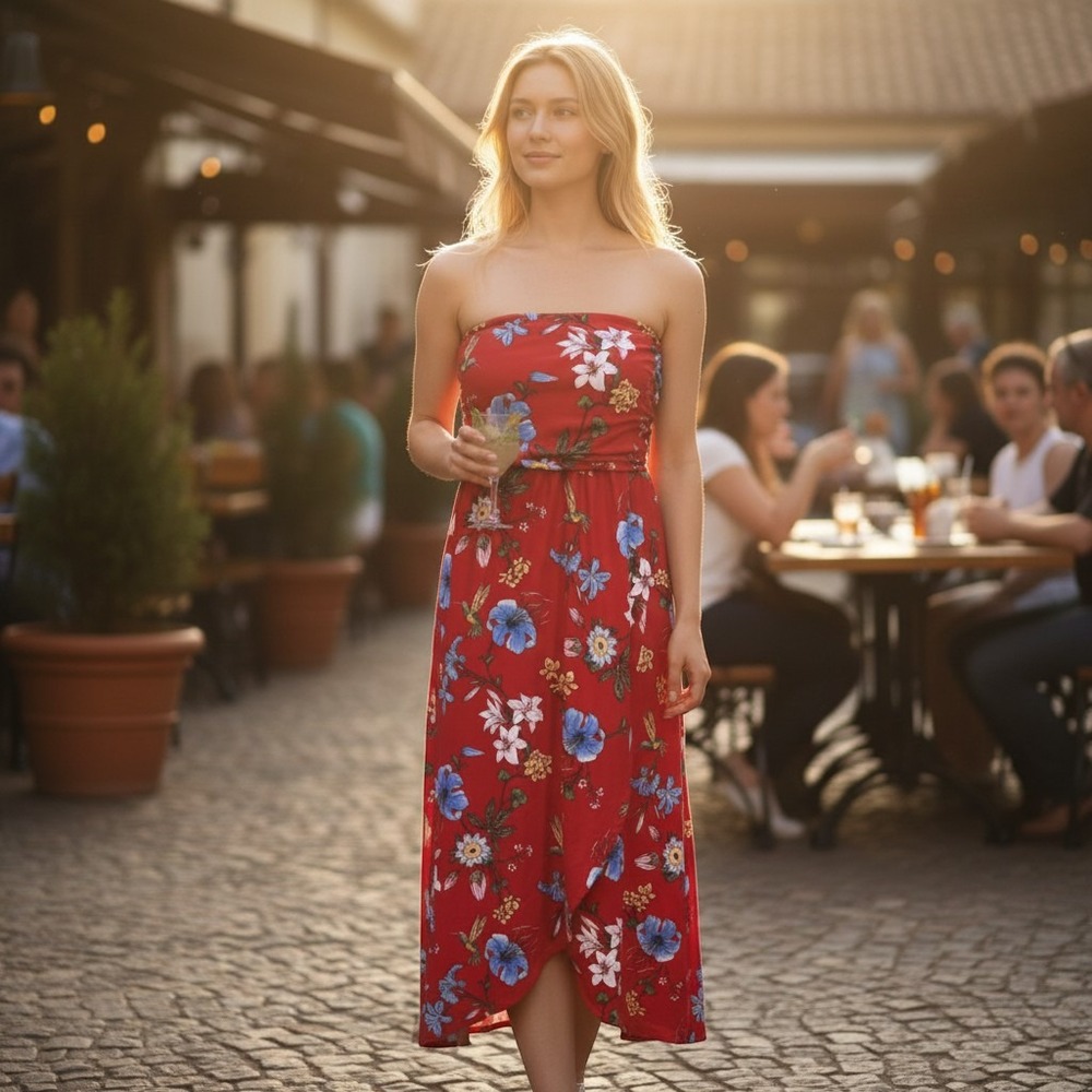 The Vanity Room Strapless Tulip Skirt Dress Red Floral